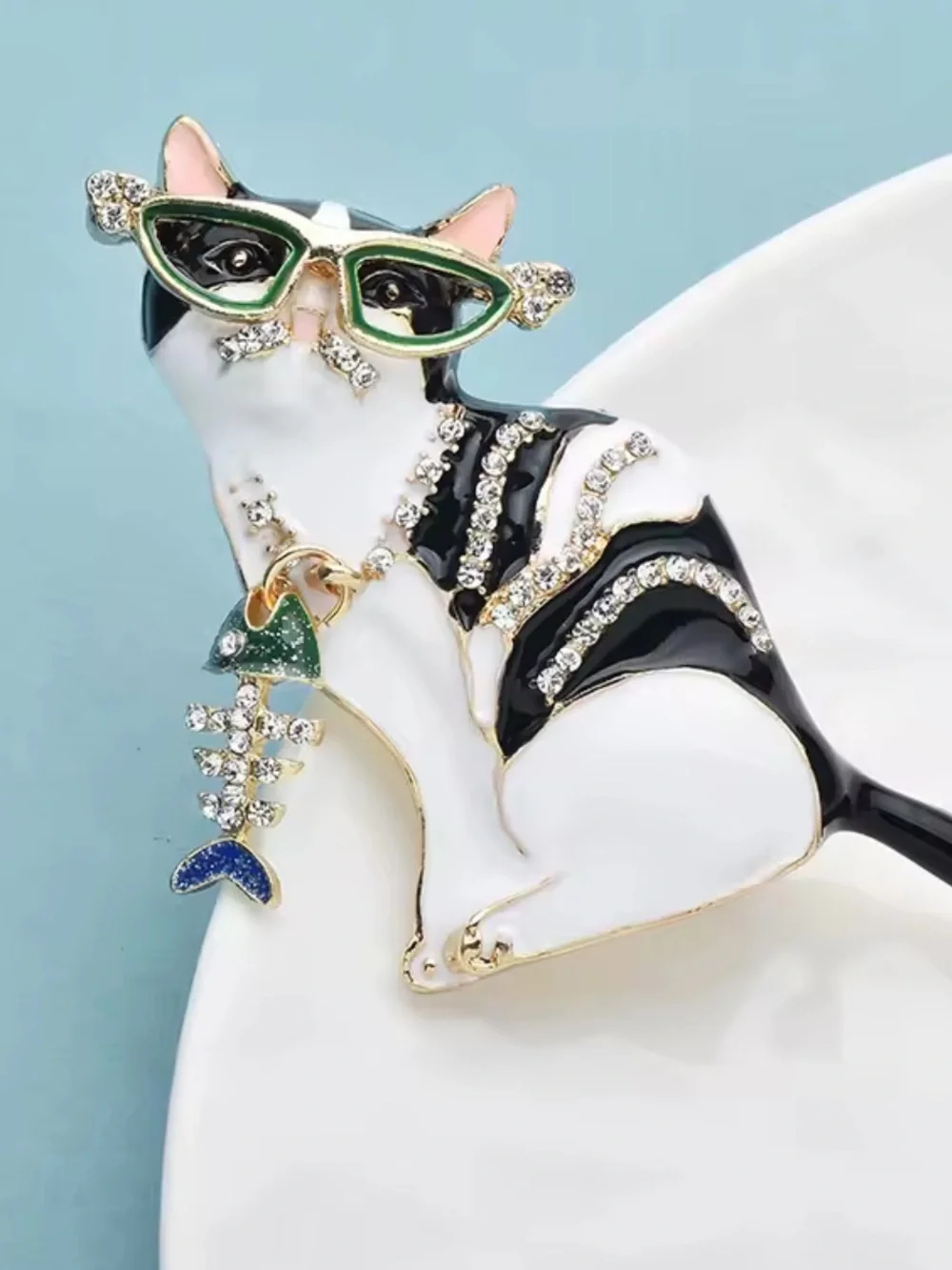 Anthropologie Black White Cat Brooch with Green Glasses and Gold Accents